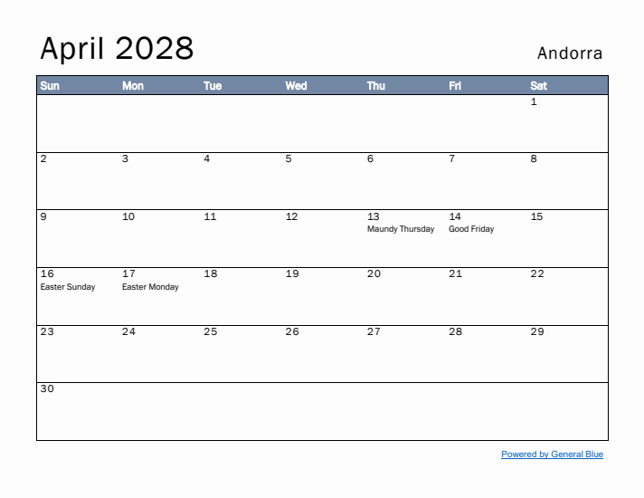 April 2028 Simple Monthly Calendar for Andorra