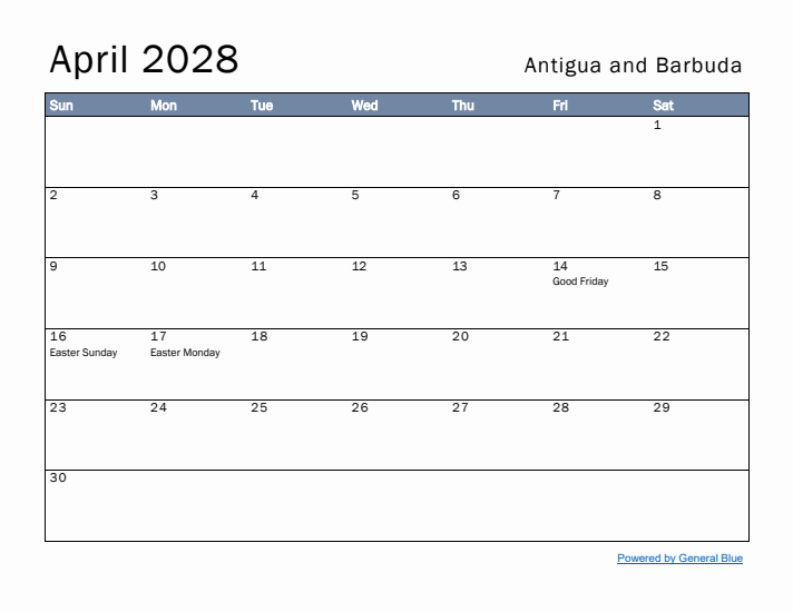 April 2028 Simple Monthly Calendar for Antigua and Barbuda