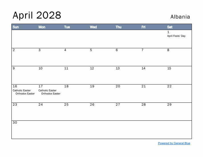 April 2028 Simple Monthly Calendar for Albania