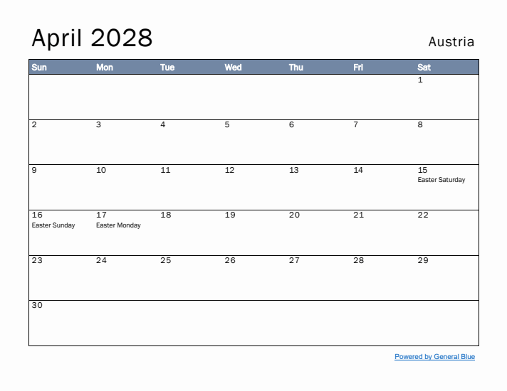 April 2028 Simple Monthly Calendar for Austria