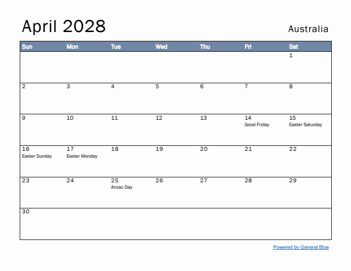 April 2028 Simple Monthly Calendar for Australia