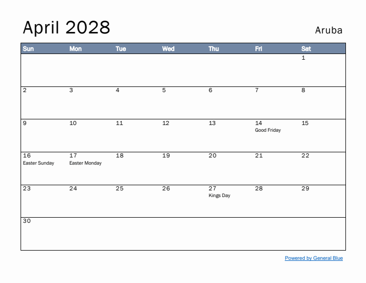 April 2028 Simple Monthly Calendar for Aruba