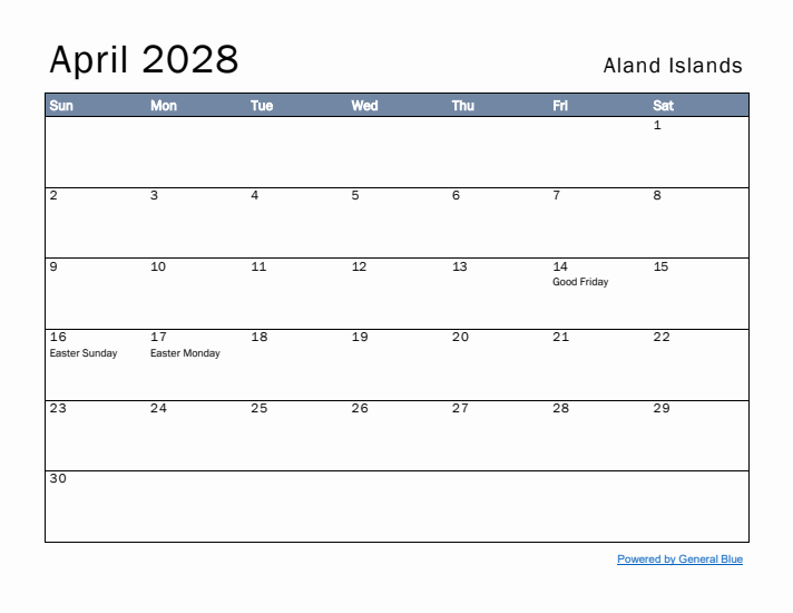 April 2028 Simple Monthly Calendar for Aland Islands