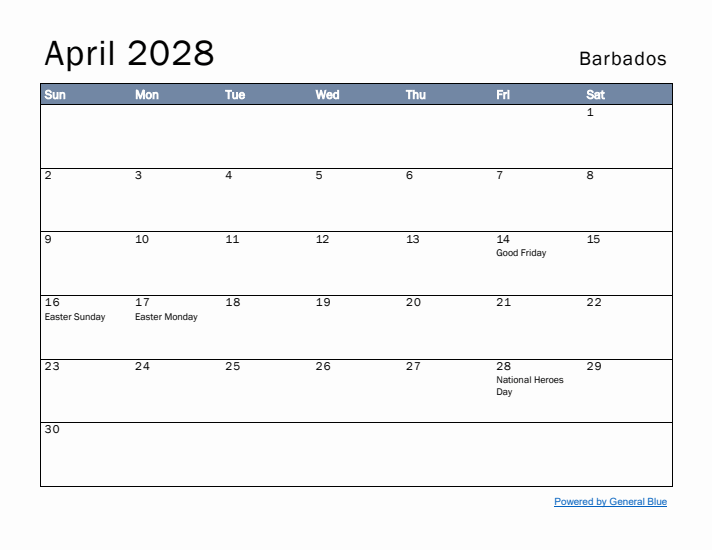 April 2028 Simple Monthly Calendar for Barbados