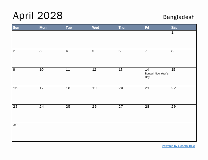 April 2028 Simple Monthly Calendar for Bangladesh