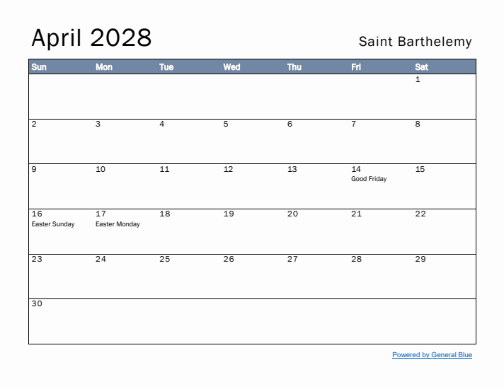 April 2028 Simple Monthly Calendar for Saint Barthelemy