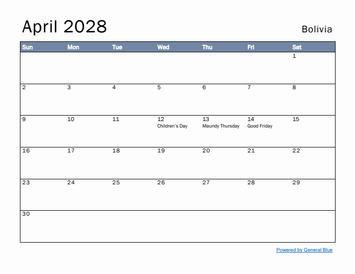 April 2028 Simple Monthly Calendar for Bolivia