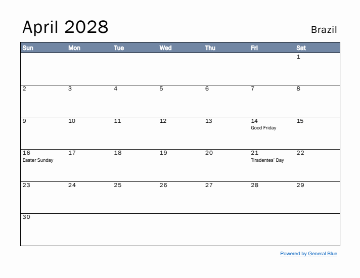 April 2028 Simple Monthly Calendar for Brazil