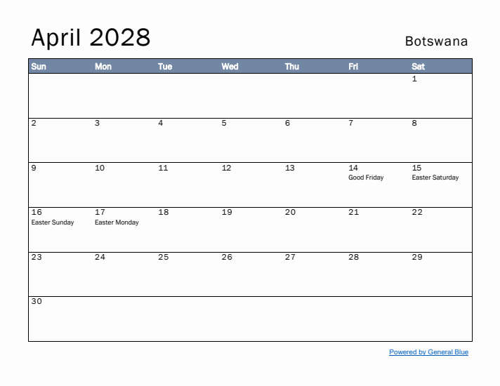 April 2028 Simple Monthly Calendar for Botswana