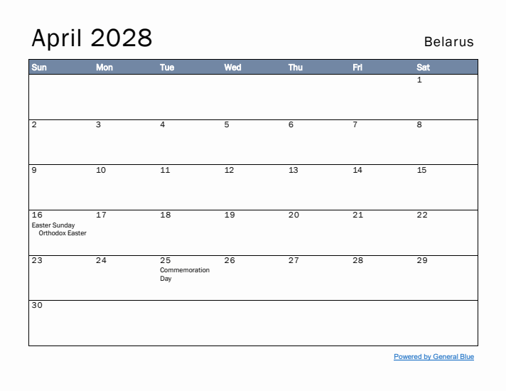 April 2028 Simple Monthly Calendar for Belarus