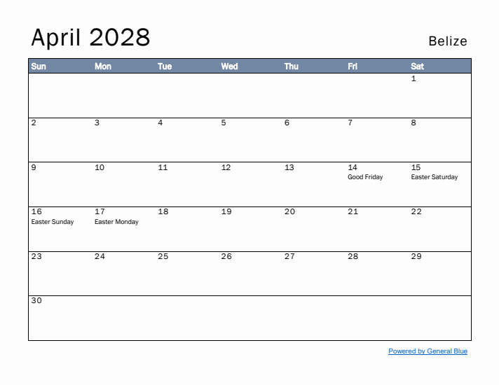 April 2028 Simple Monthly Calendar for Belize