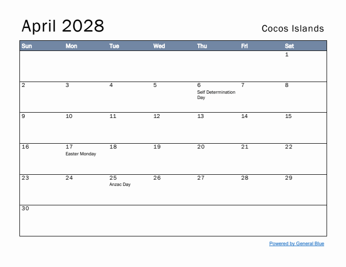 April 2028 Simple Monthly Calendar for Cocos Islands