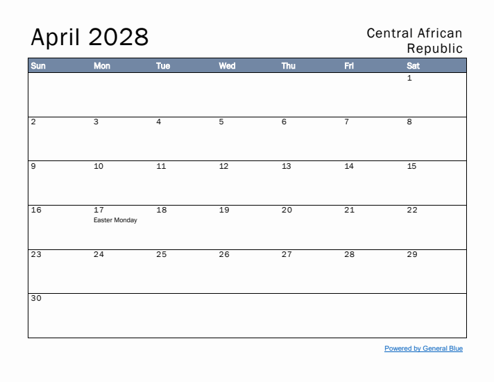 April 2028 Simple Monthly Calendar for Central African Republic