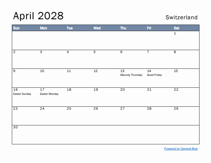 April 2028 Simple Monthly Calendar for Switzerland