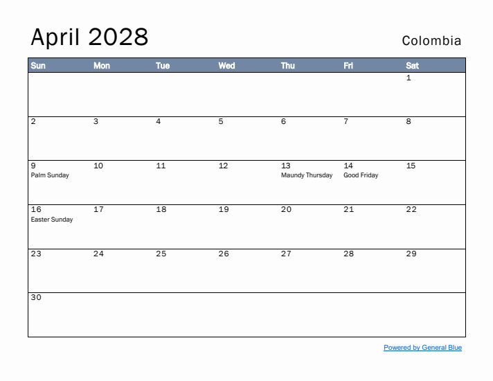 April 2028 Simple Monthly Calendar for Colombia