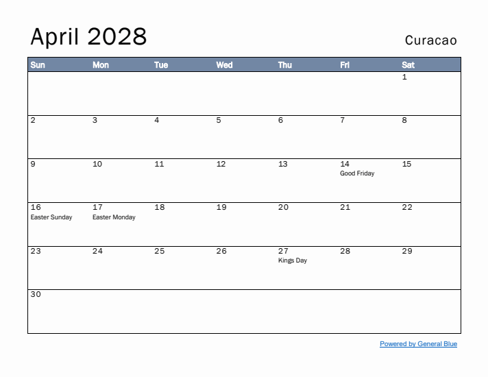 April 2028 Simple Monthly Calendar for Curacao