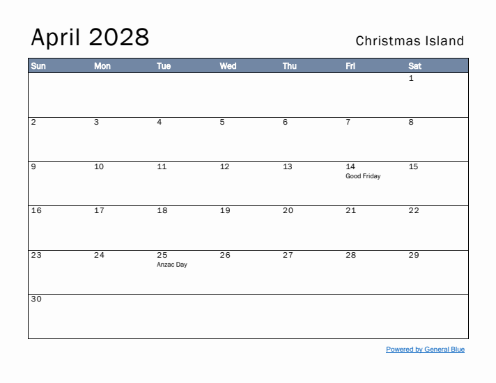 April 2028 Simple Monthly Calendar for Christmas Island