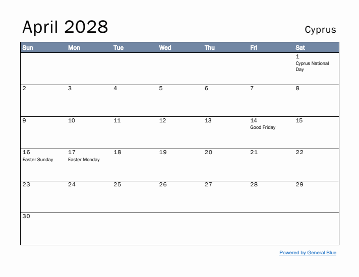 April 2028 Simple Monthly Calendar for Cyprus