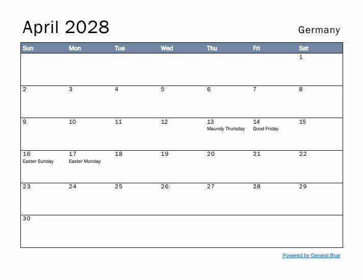 April 2028 Simple Monthly Calendar for Germany