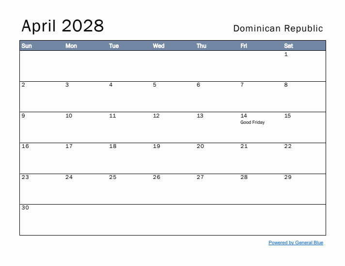 April 2028 Simple Monthly Calendar for Dominican Republic