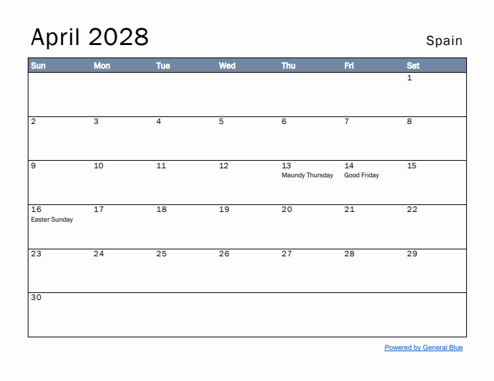 April 2028 Simple Monthly Calendar for Spain