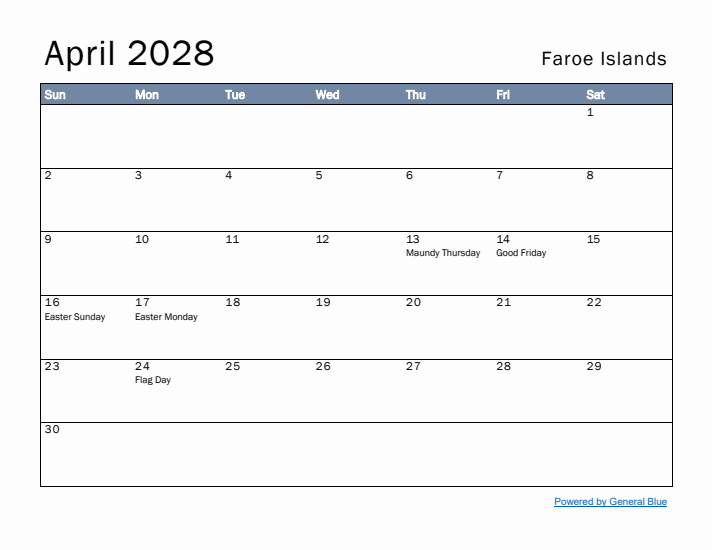 April 2028 Simple Monthly Calendar for Faroe Islands