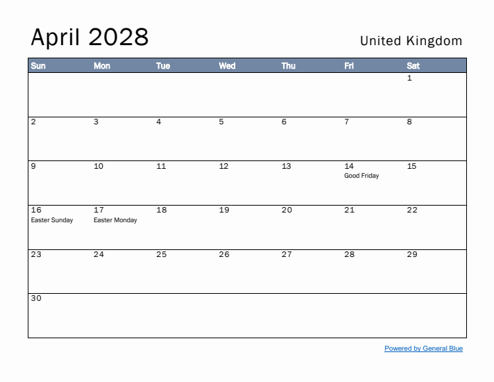 April 2028 Simple Monthly Calendar for United Kingdom