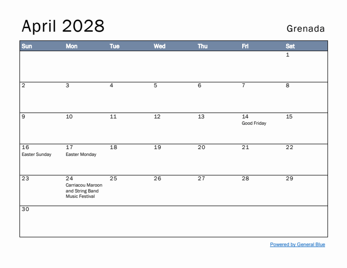 April 2028 Simple Monthly Calendar for Grenada