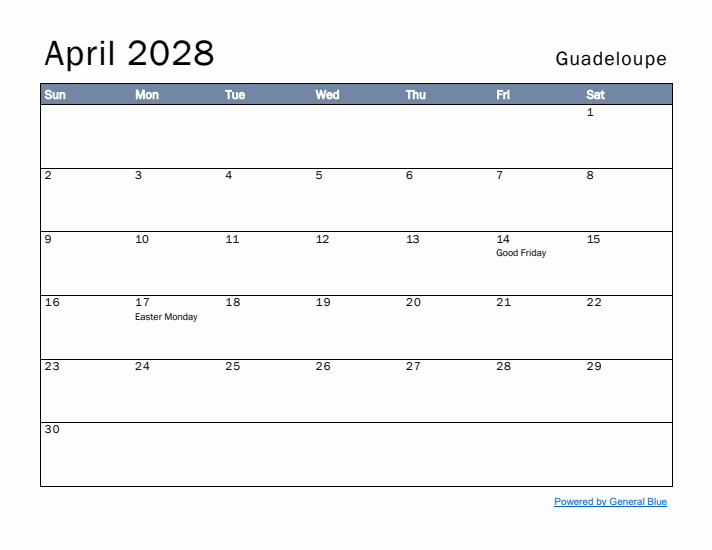 April 2028 Simple Monthly Calendar for Guadeloupe