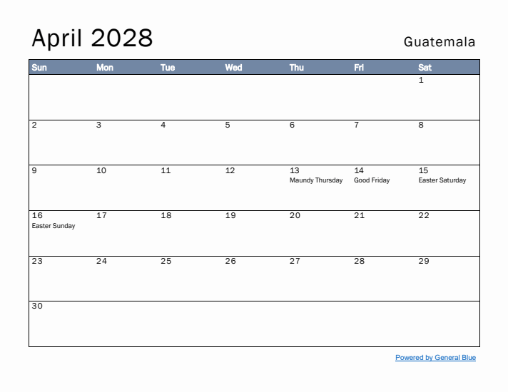 April 2028 Simple Monthly Calendar for Guatemala