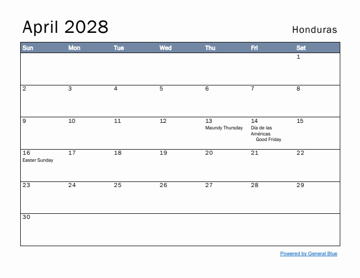 April 2028 Simple Monthly Calendar for Honduras