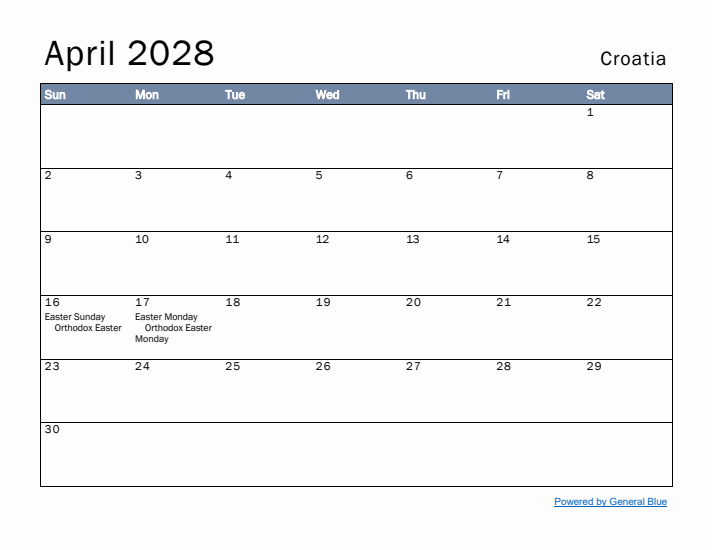 April 2028 Simple Monthly Calendar for Croatia