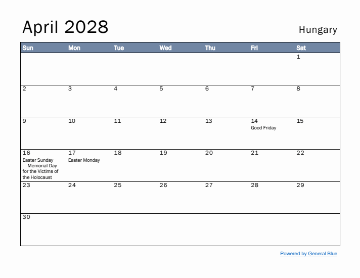 April 2028 Simple Monthly Calendar for Hungary