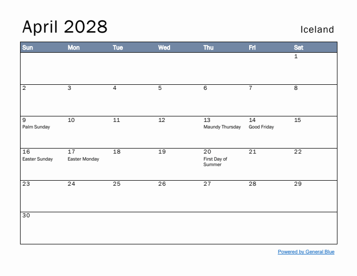 April 2028 Simple Monthly Calendar for Iceland