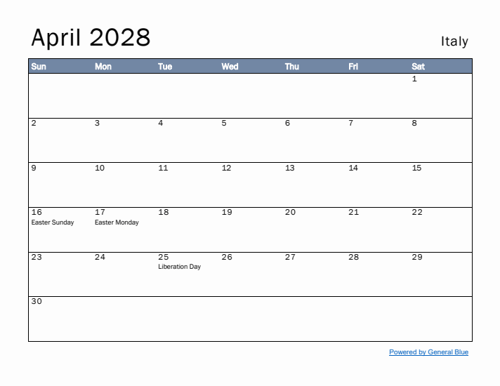 April 2028 Simple Monthly Calendar for Italy