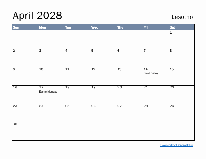 April 2028 Simple Monthly Calendar for Lesotho