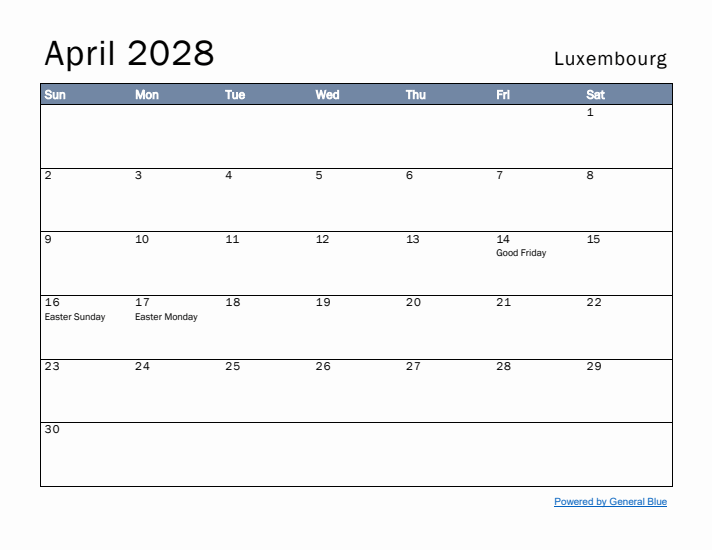 April 2028 Simple Monthly Calendar for Luxembourg