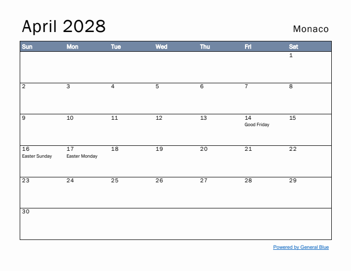 April 2028 Simple Monthly Calendar for Monaco