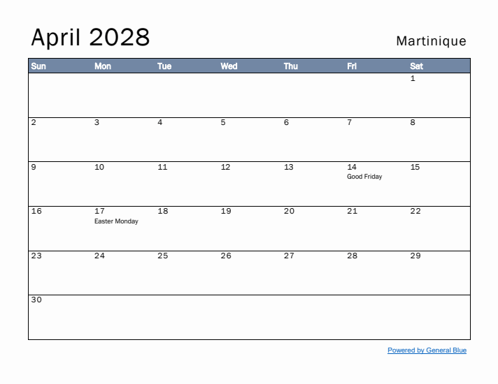 April 2028 Simple Monthly Calendar for Martinique