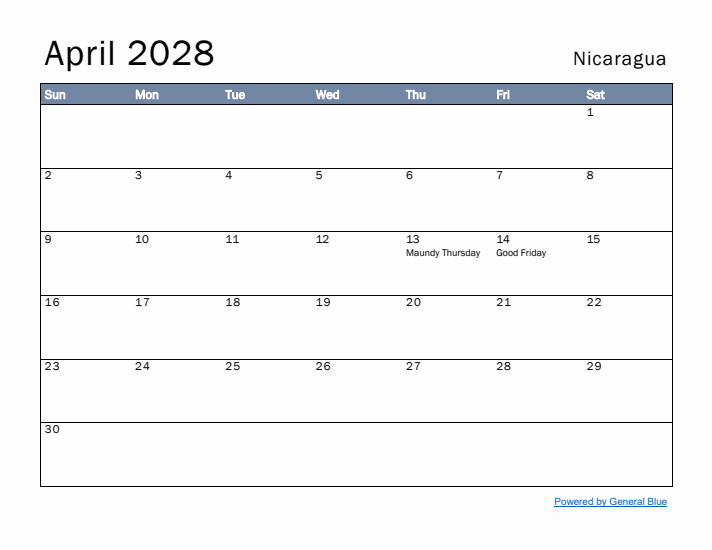 April 2028 Simple Monthly Calendar for Nicaragua