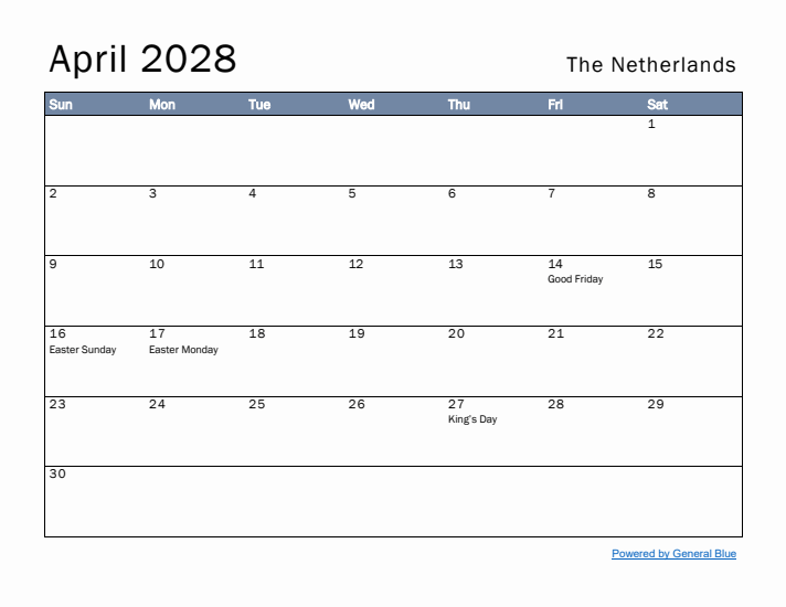 April 2028 Simple Monthly Calendar for The Netherlands