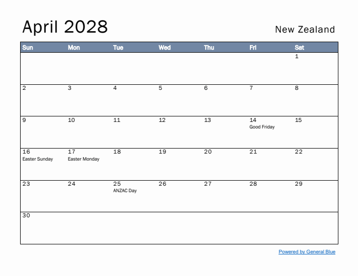 April 2028 Simple Monthly Calendar for New Zealand