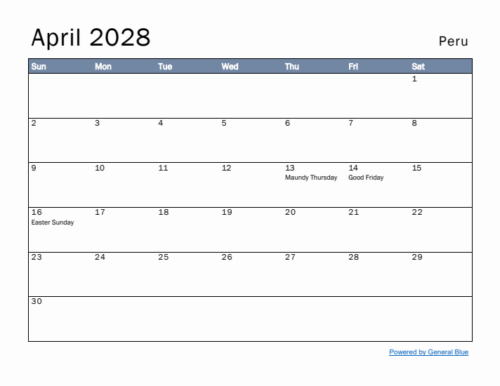 April 2028 Simple Monthly Calendar for Peru