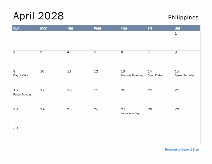 April 2028 Simple Monthly Calendar for Philippines