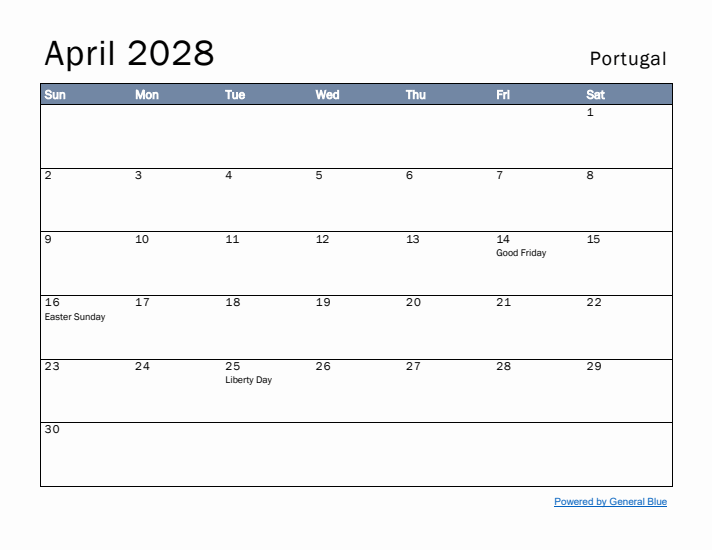 April 2028 Simple Monthly Calendar for Portugal