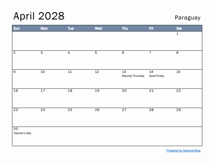 April 2028 Simple Monthly Calendar for Paraguay