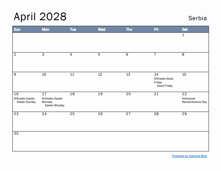 April 2028 Simple Monthly Calendar for Serbia