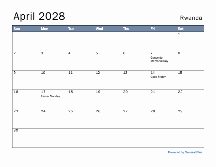 April 2028 Simple Monthly Calendar for Rwanda