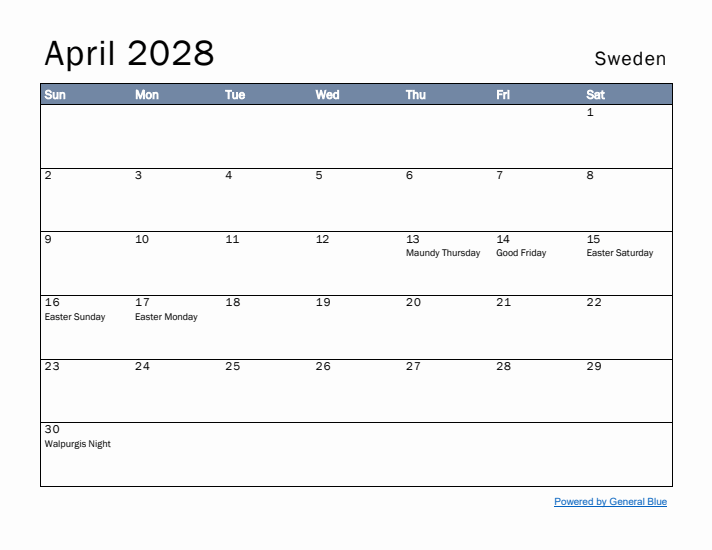 April 2028 Simple Monthly Calendar for Sweden