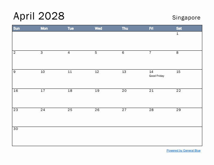 April 2028 Simple Monthly Calendar for Singapore